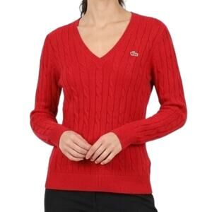 Vintage Y2K Lacoste Lipstick Red Cable Knit V Neck Sweater sz 38 / S Tenniscore
